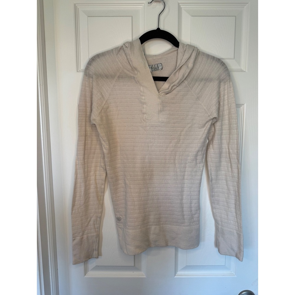 Athleta Womens Wool Blend Lightweight Hoodie Oatmeal Beige V-Neck Pullover M